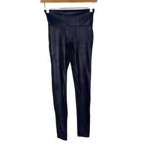 Spanx Womens Small S Midnight Blue Faux Leather Leggings Nylon Dress Up Metallic